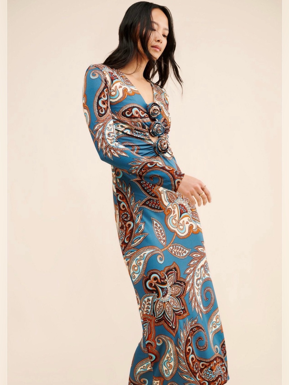 Anthropologie FARM Rio Teal Paisley Long-Sleeve Maxi Dress with Floral Rosettes